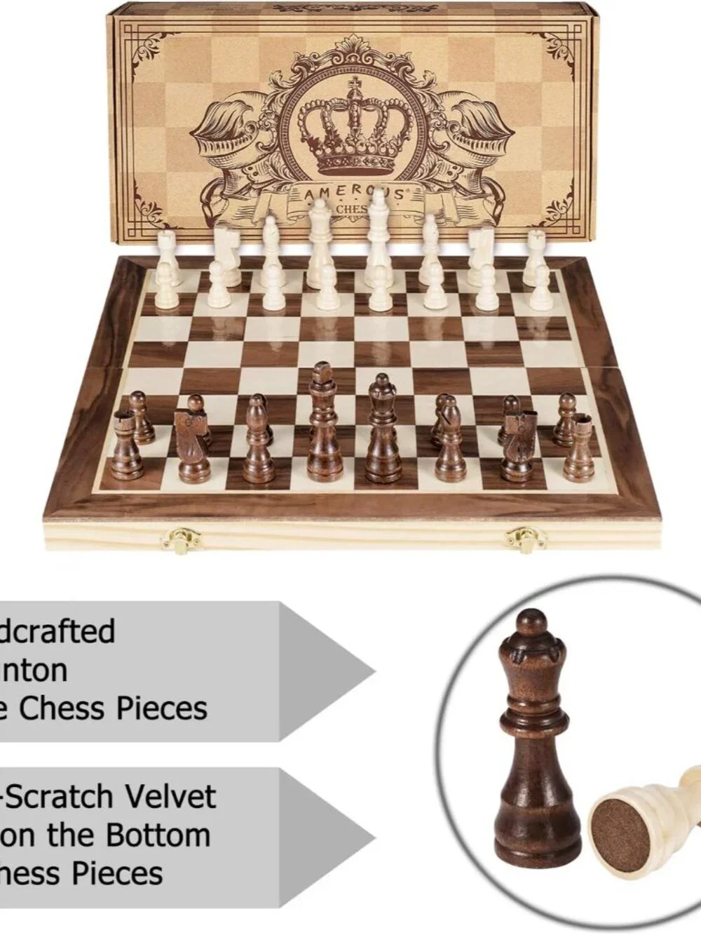 15 Inches Magnetic Wooden Chess Set - 2 Extra Queens - Folding Board - Pieces St